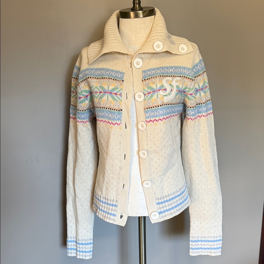 Soffe Cream and Blue Knit Cardigan